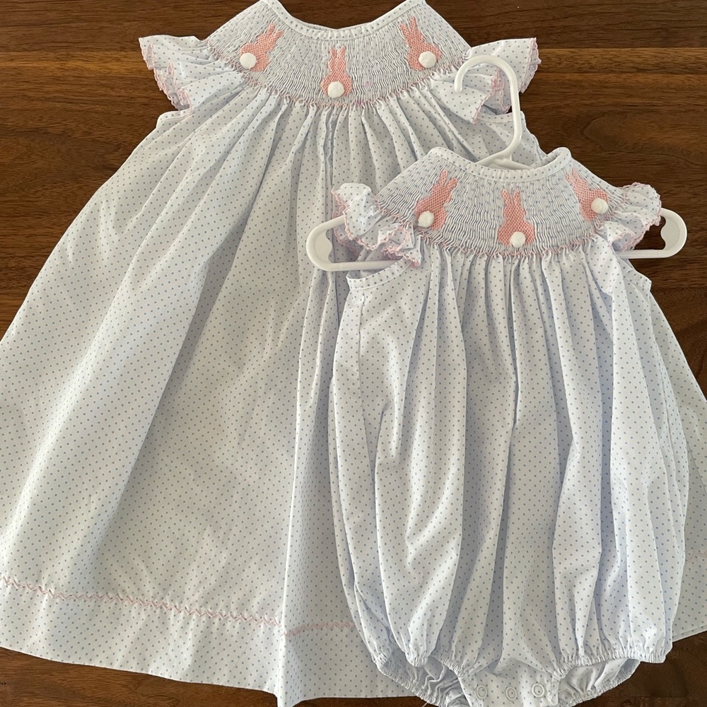 Matching sibling bunnies smocked dress and bubble